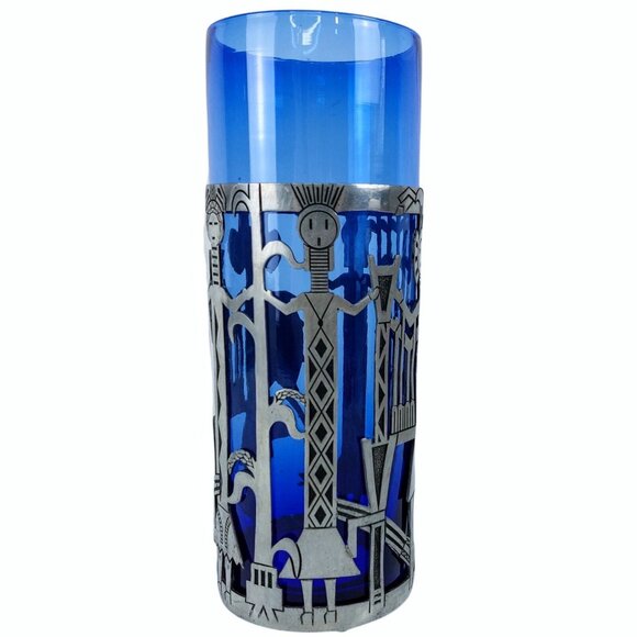 Kachina Candle Holder Cobalt Blue Glass Vase Tin Pewter Wrap Universal Pewter - Picture 13 of 14
